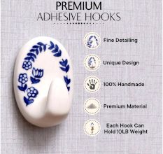 Ceramic Blue White Adhesive Hook - Pack of 3