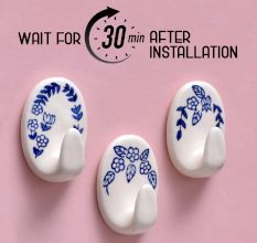 Ceramic Blue White Adhesive Hook - Pack of 3