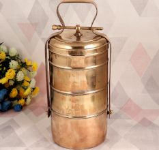 Vintage Brass Tiffin Box with Four Compartments for Decor