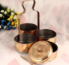 Vintage Brass Tiffin Box with Four Compartments for Decor