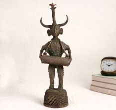 Vintage Brass Statue of Male Figure Playing Drum for Decor