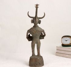 Vintage Brass Statue of Male Figure Playing Drum for Decor
