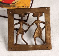 Tribal Art Brass Plate of Man Playing Drum and Woman Dancing