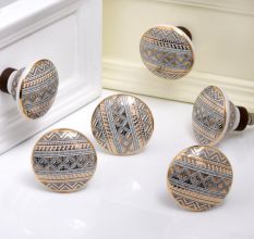 Golden Border Pattern Flat Ceramic Cabinet Knob - Pack of 6