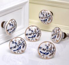 Blue Bird Golden Berry Ceramic Floral Drawer Knob - Pack of 6