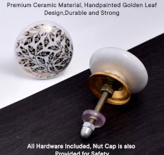 Golden And Black Leaf Flat Ceramic Cabinet Knobs - Pack of 6