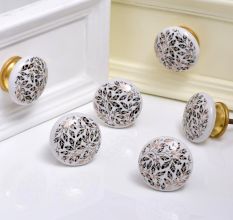 Golden And Black Leaf Flat Ceramic Cabinet Knobs - Pack of 6