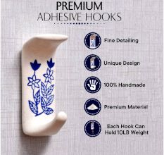 Ceramic Blue Floral Sticky Hook for Wall