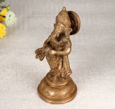 Handcrafted Brown Brass Statue of Lord Ganesha Playing Cymbal