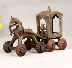 Tribal Art Finest Brass Horse Chariot Statue in Brown Finish
