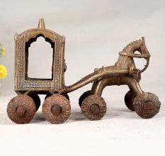 Tribal Art Finest Brass Horse Chariot Statue in Brown Finish