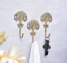 3 Pieces Golden Brass Tree Key Wall Hooks