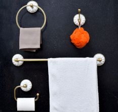 Handmade Brass and Ceramic Towel Ring Hanger in Golden Finish