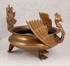 Decorative Peacock Brass Urli in South Indian Art for Decor