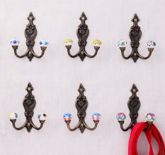 Handmade Multicolor Ceramic Iron Wall Hooks 6 Pieces