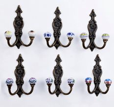 Handmade Multicolor Ceramic Iron Wall Hooks 6 Pieces
