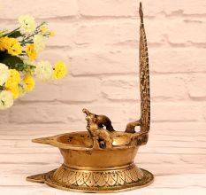 Vintage Brass Lakshmi Ganesha Oil Lamp in South Indian Art