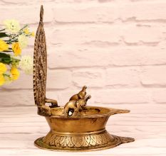Vintage Brass Lakshmi Ganesha Oil Lamp in South Indian Art