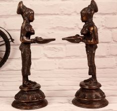 Dark Finish Brass Pair of Deep Lakshmi Statue for Decor