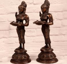 Dark Finish Brass Pair of Deep Lakshmi Statue for Decor