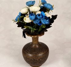 Vintage Brass Flower Pot with Black Enamel Carving