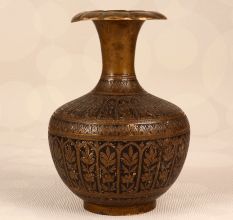 Vintage Brass Flower Pot with Black Enamel Carving