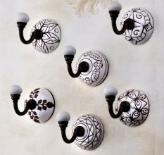 6 Pieces Brown Pattern Etched Ceramic Wall Hooks
