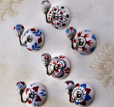 6 Pieces Decorative Multicolor Floral Ceramic Round Wall Hooks