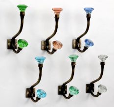 Handmade Multicolor Glass Iron Wall Hooks 6 Pieces