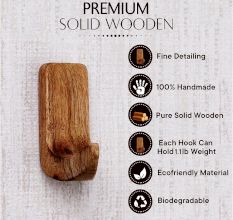 6 Pieces Small Natural Wooden No Drill Adheshive Wall Hooks