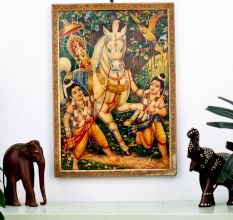 Used Vintage Paper Print of Luv Kush with Rama Horse