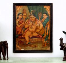 Vintage Lord Baby Krishna Paper Print in Frame for Hanging
