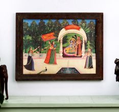 Vintage Paper Print of Radha Krishna in Wooden Frame