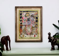 Vintage Paper Painting of Lord Krishna with Cow in Frame