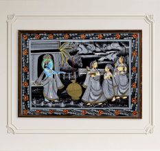 Vintage Lord Krishna with Gopies Cloth Painting for Decor