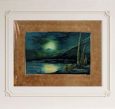 Vintage Water Colour Paper Painting of Sunset on Hills