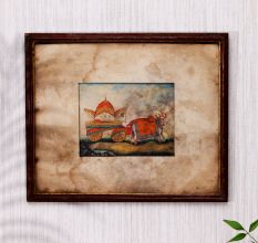 Hand Painted Vintage Paper Painting of Ox Cart in Wooden Frame