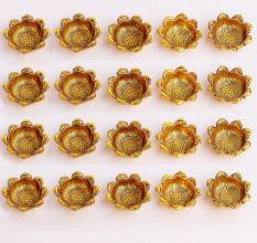 Open Flower Shape Aluminium Golden Diwali Diya For Mandir Decoration