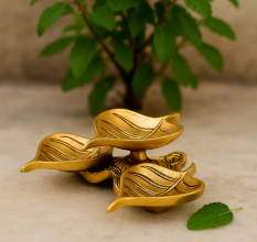 Modern Antique Golden Brass 3 Leaf Shaped Oil Lamp For Diwali Pooja