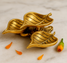 Modern Antique Golden Brass 3 Leaf Shaped Oil Lamp For Diwali Pooja
