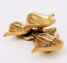 Modern Antique Golden Brass 3 Leaf Shaped Oil Lamp For Diwali Pooja