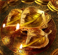 Golden Brass 3 Leaf Shaped Oil Lamp For Diwali Pooja