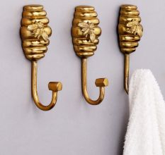 Modern Bee Honeycomb Aluminum Hook In Golden Finish-3 Pieces