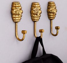 Modern Bee Honeycomb Aluminum Hook In Golden Finish-3 Pieces