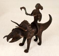 Dark Finish Handmade Brass Triceratops with Rider in Tribal Art
