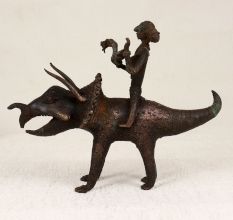 Dark Finish Handmade Brass Triceratops with Rider in Tribal Art