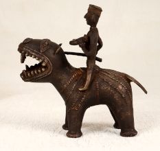 Handmade Vintage Brass Hippopotamus with Rider in Tribal Art
