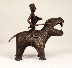 Handmade Vintage Brass Hippopotamus with Rider in Tribal Art