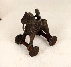 Tribal Art Brass Horse on Wheels with Rider Statue for Decor