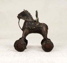Tribal Art Brass Horse on Wheels with Rider Statue for Decor